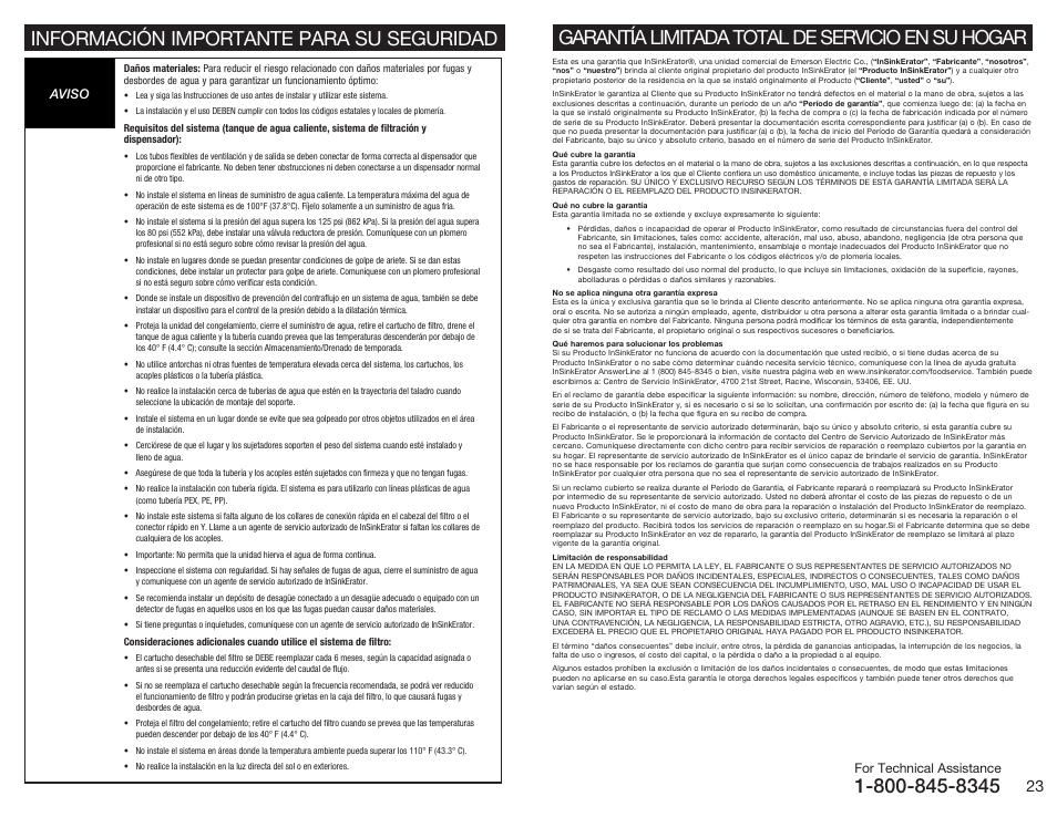 Información importante para su seguridad, Garantía limitada total de servicio en su hogar, Aviso | For technical assistance | InSinkErator C1300 User Manual | Page 12 / 20