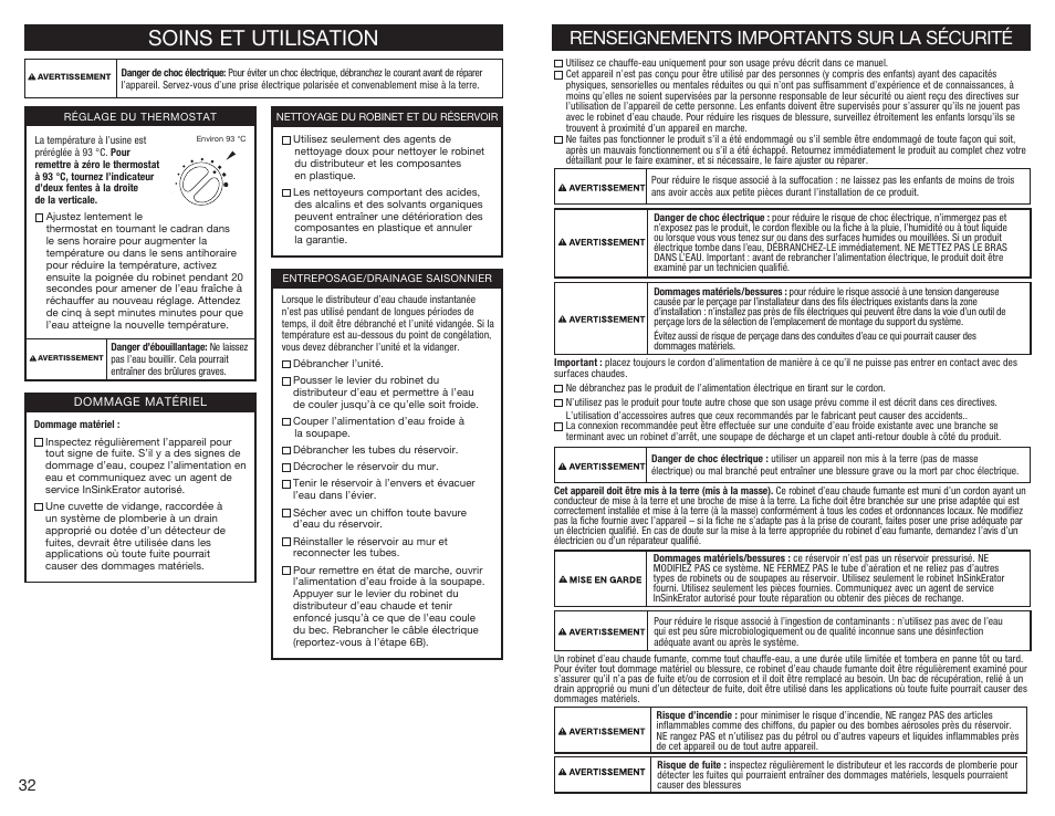 Soins et utilisation, Renseignements importants sur la sécurité | InSinkErator C1300 User Manual | Page 17 / 20