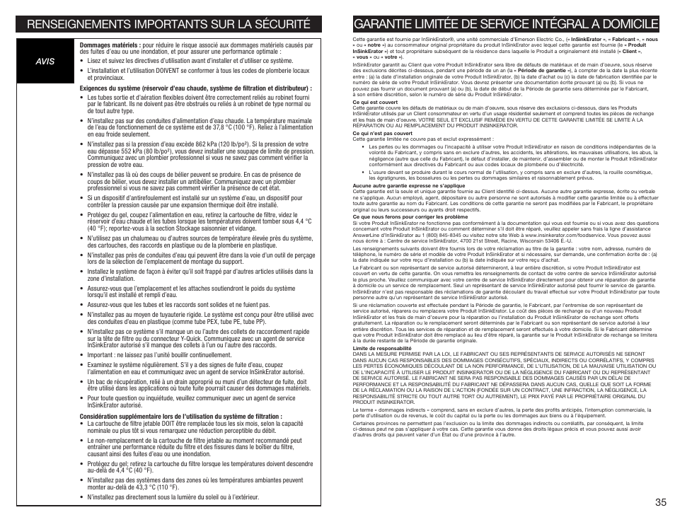 Garantie limitée de service intégral a domicile, Renseignements importants sur la sécurité | InSinkErator C1300 User Manual | Page 18 / 20