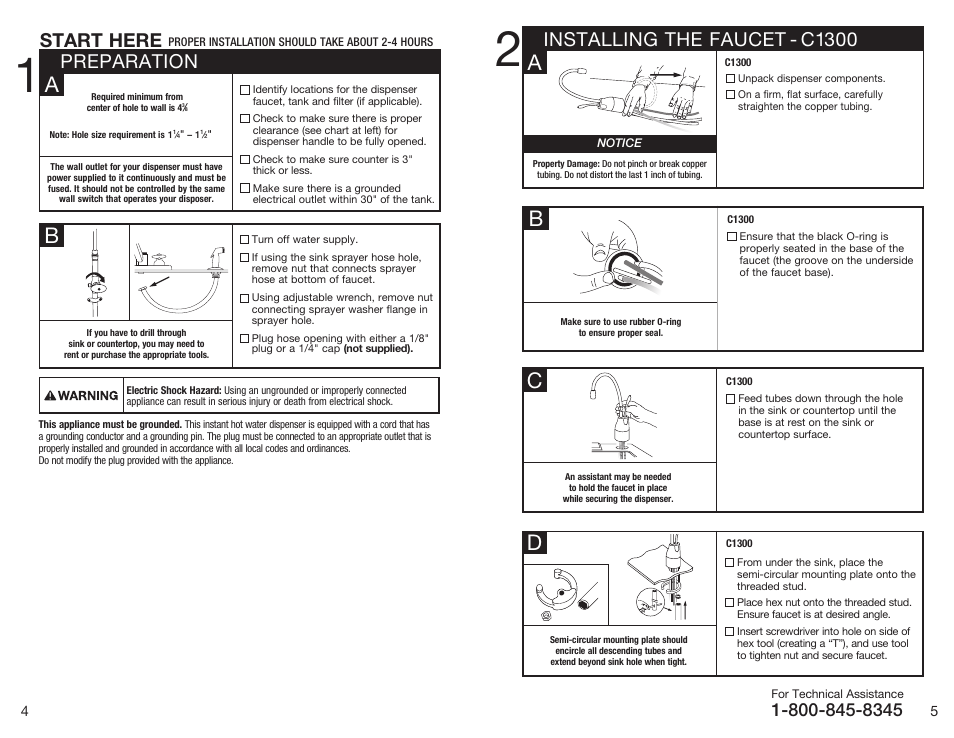 Ba c d, Preparation start here, Installing the faucet - c1300 | InSinkErator C1300 User Manual | Page 3 / 20