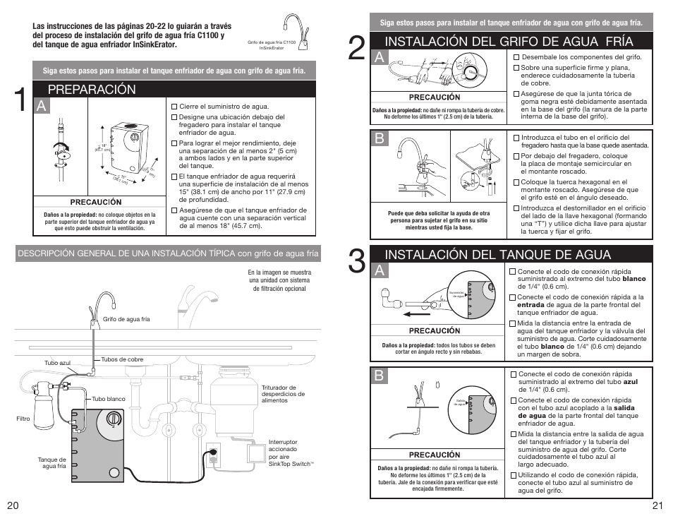 Ab b, Preparación, Instalación del grifo de agua fría | Instalación del tanque de agua | InSinkErator F-C1100 Cold Only Faucet User Manual | Page 11 / 20