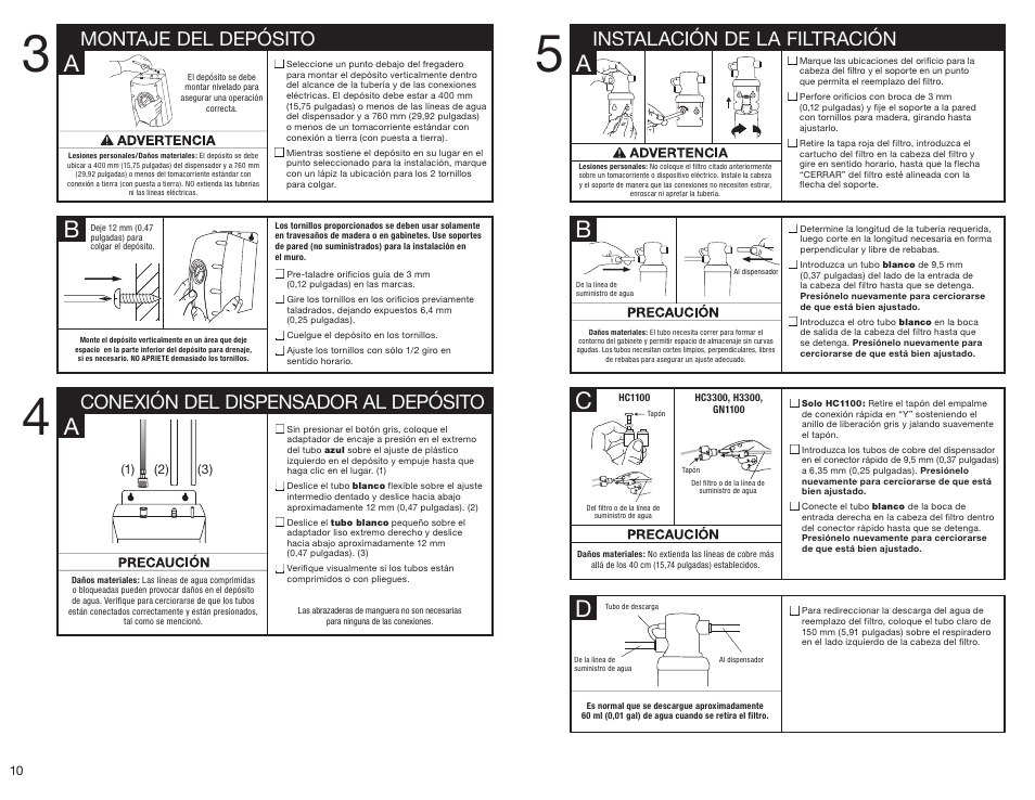 Ab c d, Montaje del depósito, Instalación de la filtración | Conexión del dispensador al depósito | InSinkErator HC3300 User Manual | Page 10 / 80