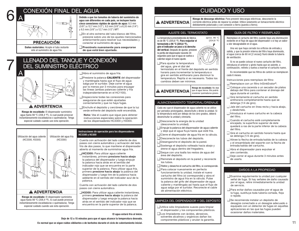 Cuidado y uso, Conexión final del agua | InSinkErator HC3300 User Manual | Page 11 / 80