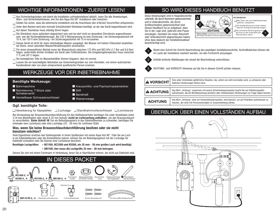 Wichtige informationen - zuerst lesen, Werkzeuge vor der inbetriebnahme, So wird dieses handbuch benutzt | Überblick über einen vollständen aufbau | InSinkErator HC3300 User Manual | Page 20 / 80