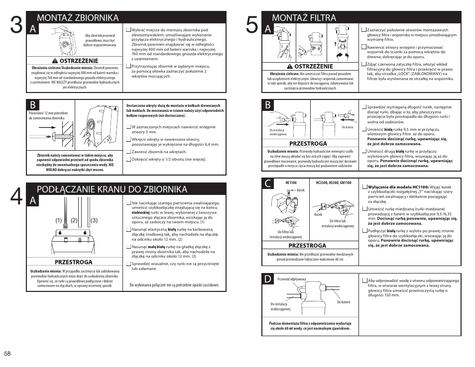 Ba a, Podłączanie kranu do zbiornika montaż zbiornika, Montaż filtra | InSinkErator HC3300 User Manual | Page 58 / 80