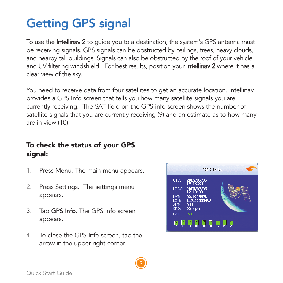 Getting gps signal | Intellinav 2 Quick Start User Manual | Page 11 / 16