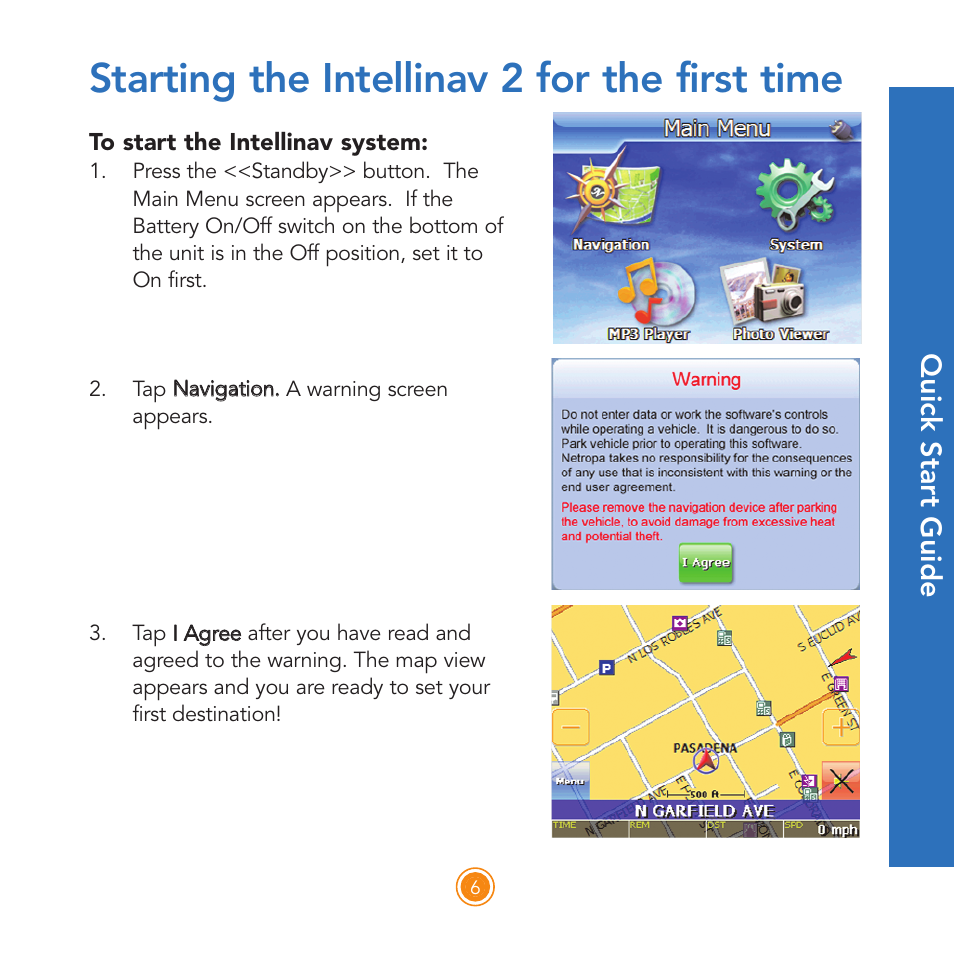Starting the intellinav 2 for the first time, Qu ic k s ta rt g u id e | Intellinav 2 Quick Start User Manual | Page 8 / 16