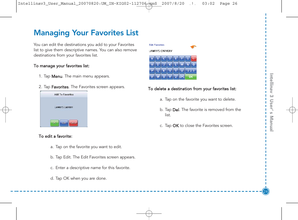 Managing your favorites list | Intellinav 3 User Manual | Page 25 / 60