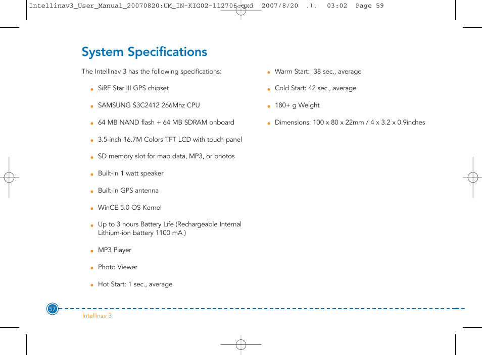 System specifications | Intellinav 3 User Manual | Page 58 / 60