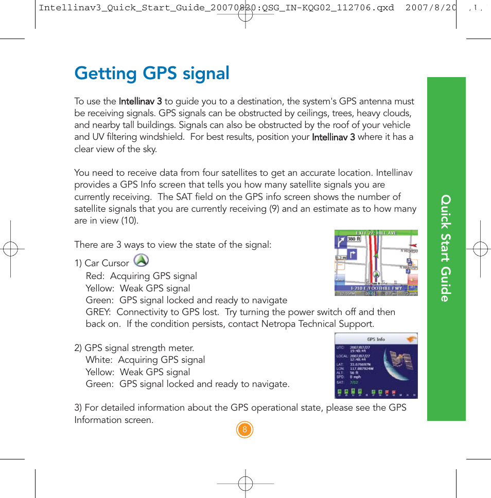 Getting gps signal, Quick start guide | Intellinav 3 Quick Start User Manual | Page 9 / 24