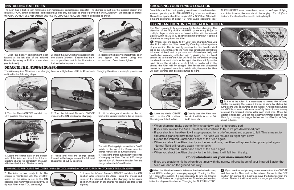 Alien_ p1-2, Installing batteries, Flying and hunting your alien hunter | Interactive Toy Concepts Alien Hunter User Manual | Page 2 / 2