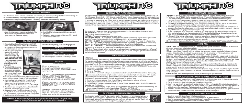 Charging your triumph helicopter, Installing batteries, Flying your triumph helicopter | Flying tips, Replacing damaged main rotor blades (not included), Replacing damaged tail rotor | Interactive Toy Concepts Triumph User Manual | Page 2 / 2