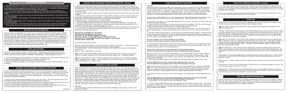 Quick-start instructions, Important battery information, Installing batteries | Charging the bladerunner storm-wolf helicopter, Choosing a flying location, Flying the storm-wolf helicopter, Flying the storm-wolf helicopter: -continued, Flying tips, Replacing damaged rotor blades | Interactive Toy Concepts Storm Wolf User Manual | Page 2 / 2