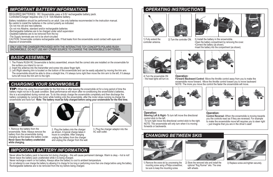Important battery information, Basic assembly, Charging your snowmobile | Changing between skis | Interactive Toy Concepts Poloras Rush User Manual | Page 2 / 2