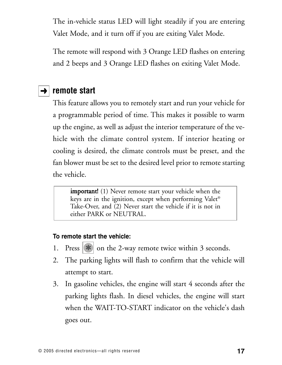 Remote start | CLIFFORD Model RSX1.2 User Manual | Page 20 / 39