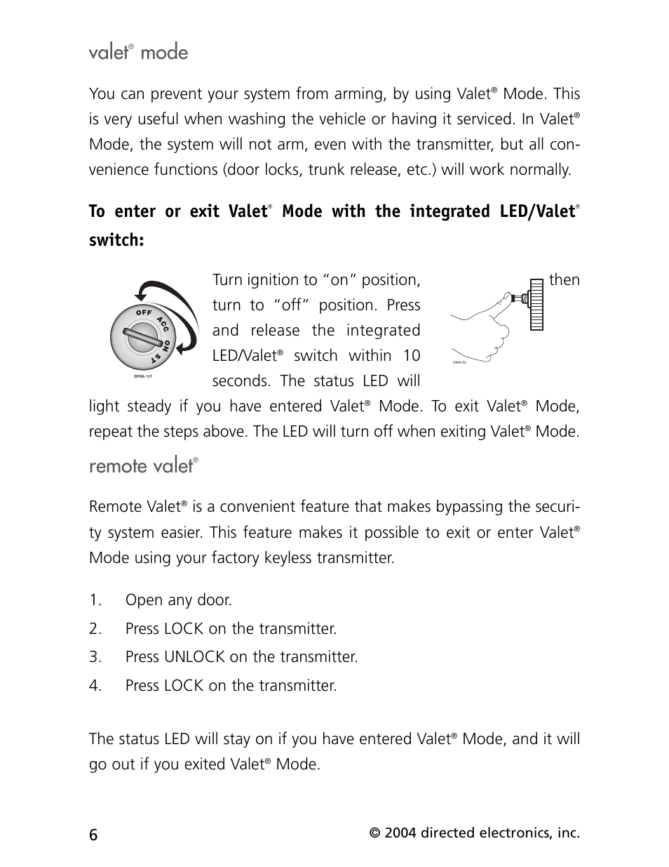 Valet, Mode, Remote valet | Mode with the integrated led/valet, Switch | CLIFFORD cx-427 User Manual | Page 10 / 18