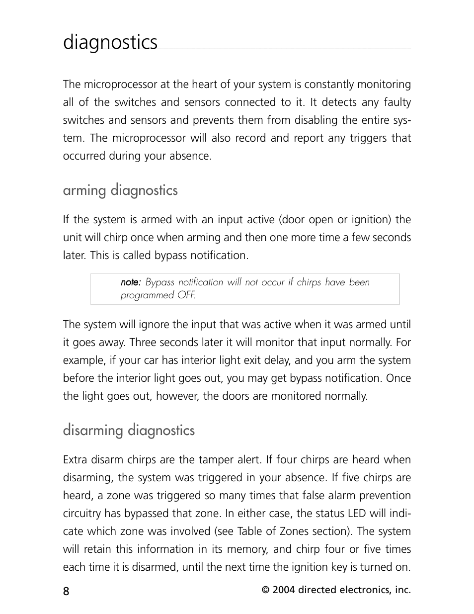 Diagnostics, Arming diagnostics, Disarming diagnostics | CLIFFORD cx-427 User Manual | Page 12 / 18