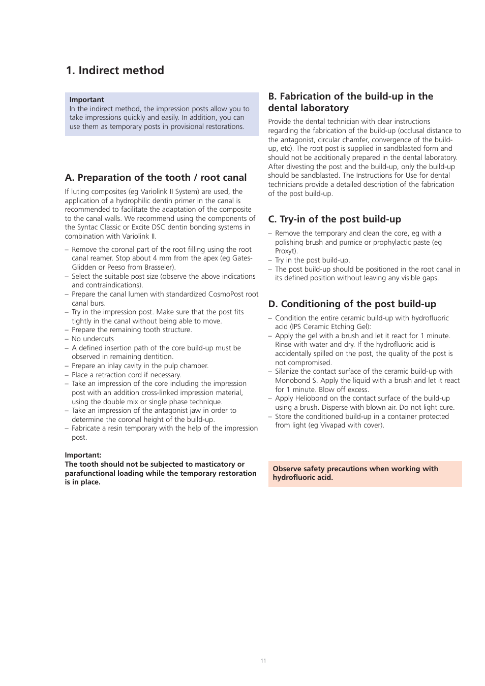 Indirect method, A. preparation of the tooth / root canal, C. try-in of the post build-up | D. conditioning of the post build-up | Ivoclar Vivadent CosmoPost User Manual | Page 11 / 24