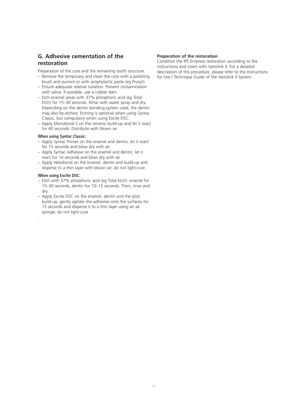 G. adhesive cementation of the restoration | Ivoclar Vivadent CosmoPost User Manual | Page 13 / 24