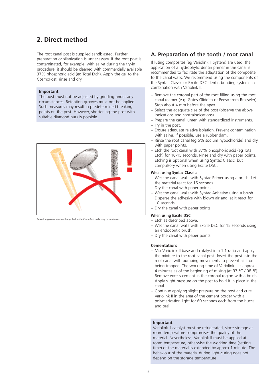 Direct method, A. preparation of the tooth / root canal | Ivoclar Vivadent CosmoPost User Manual | Page 15 / 24