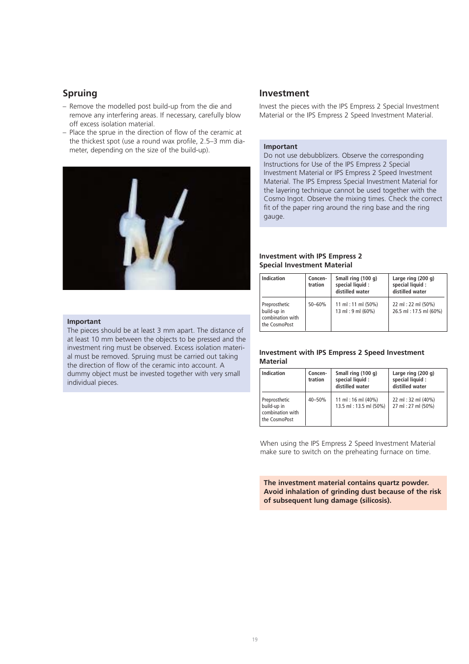 Spruing, Investment | Ivoclar Vivadent CosmoPost User Manual | Page 19 / 24