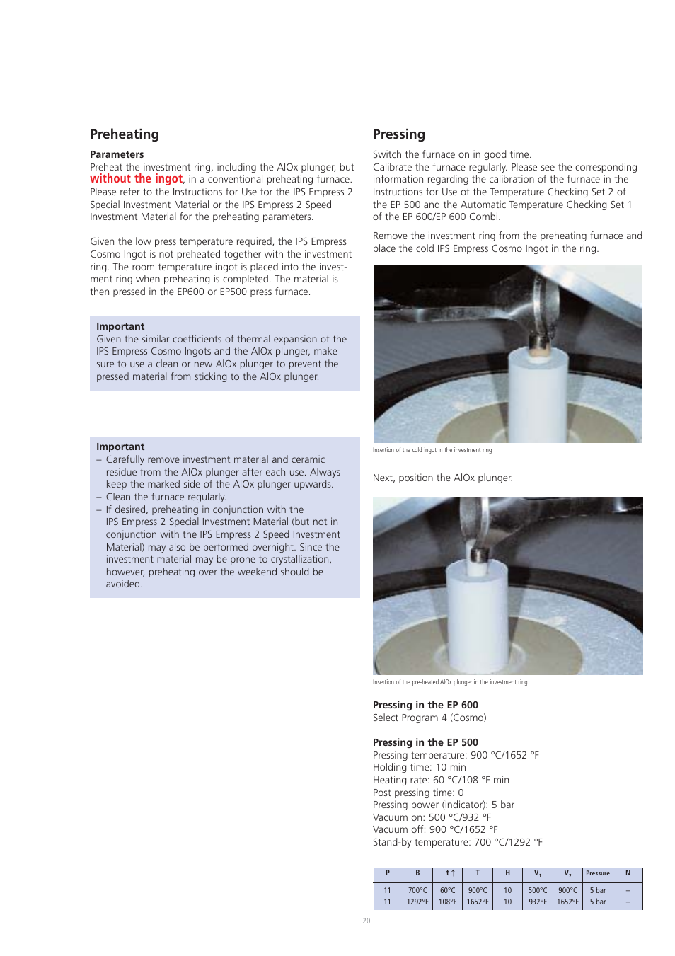 Preheating, Pressing, Without the ingot | Ivoclar Vivadent CosmoPost User Manual | Page 20 / 24