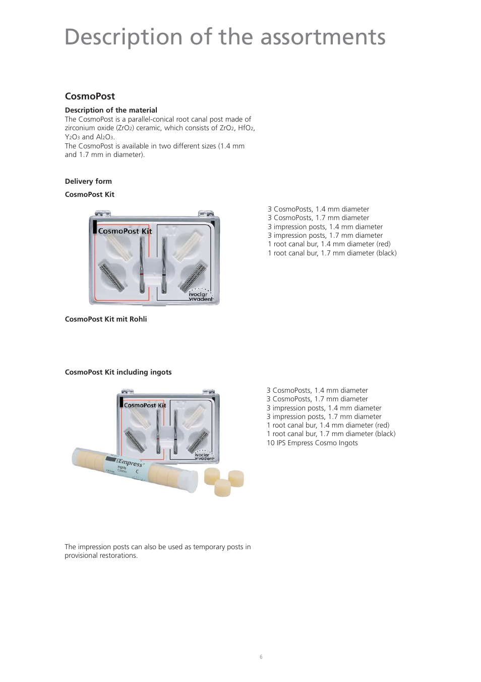 Description of the assortments, Cosmopost | Ivoclar Vivadent CosmoPost User Manual | Page 6 / 24