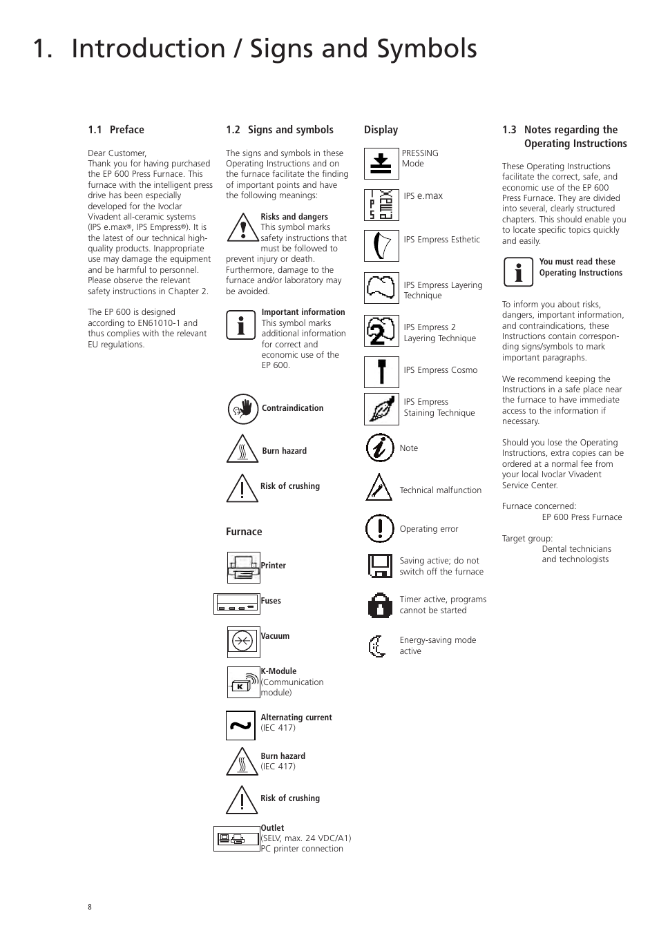 Introduction / signs and symbols, 1 preface, 2 signs and symbols | Furnace, Display | Ivoclar Vivadent EP 600 User Manual | Page 8 / 36