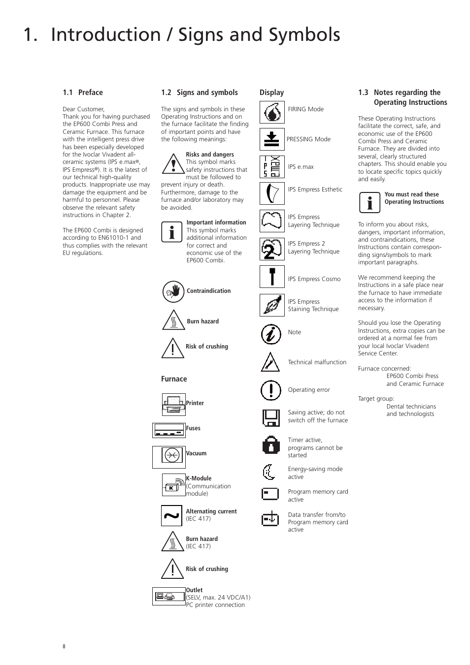 Introduction / signs and symbols, 1 preface, 2 signs and symbols | Furnace, Display | Ivoclar Vivadent EP 600 Combi User Manual | Page 8 / 40