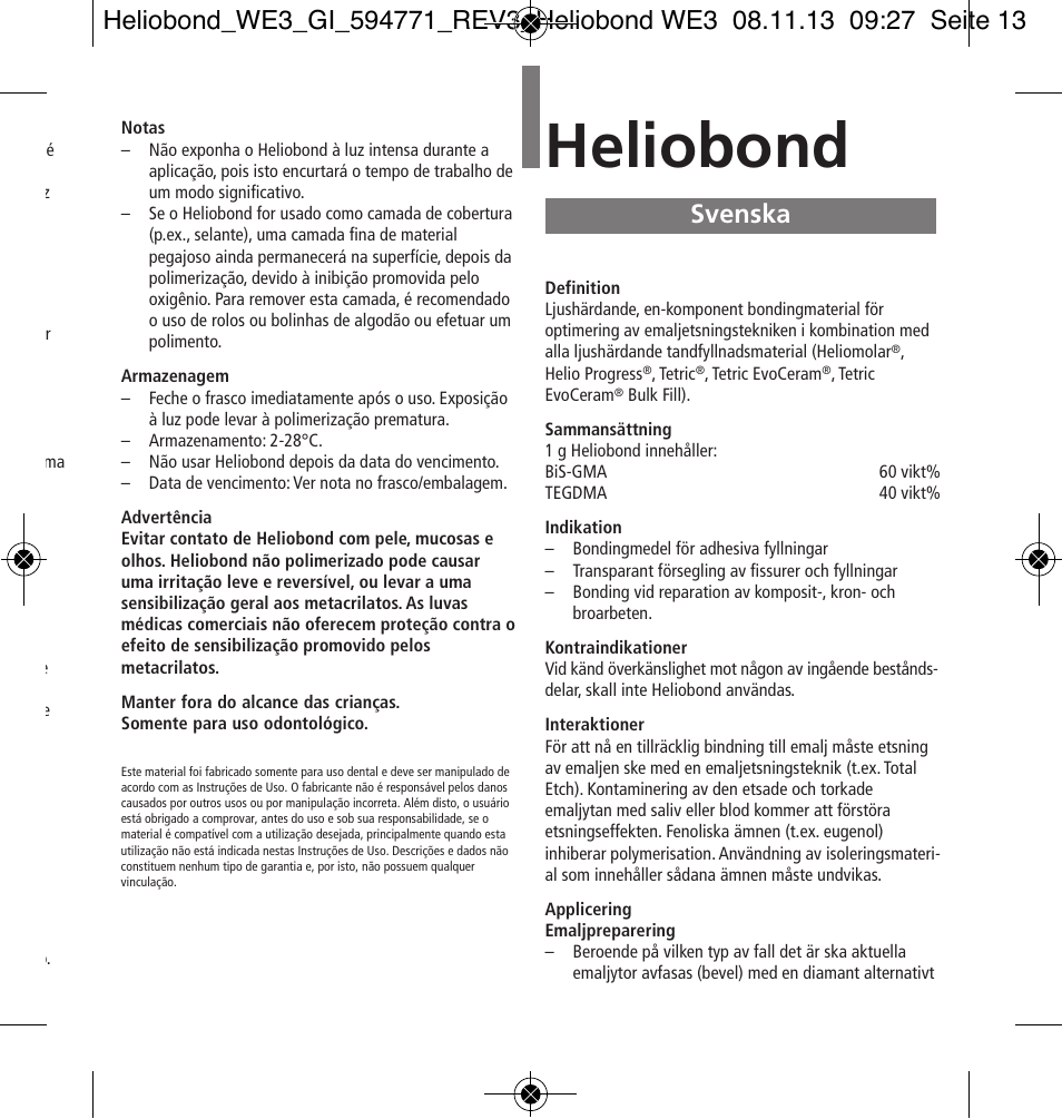 Svenska, Heliobond | Ivoclar Vivadent Heliobond User Manual | Page 13 / 36