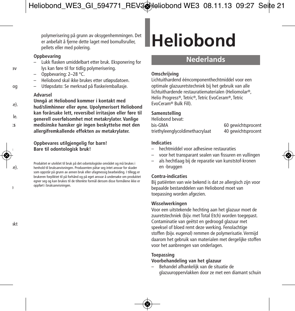 Nederlands, Heliobond | Ivoclar Vivadent Heliobond User Manual | Page 21 / 36