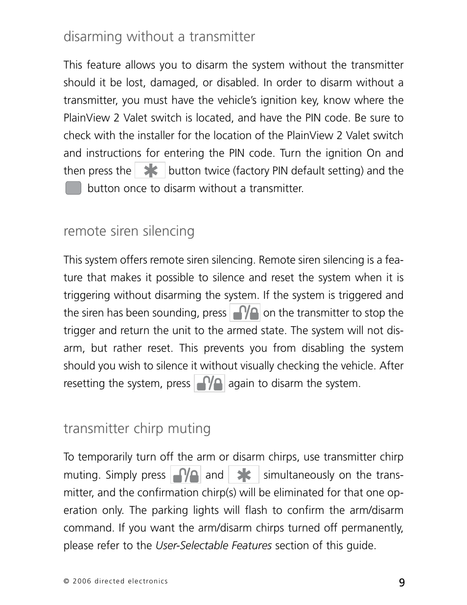 Disarming without a transmitter, Remote siren silencing, Transmitter chirp muting | CLIFFORD Arrow 5.1 User Manual | Page 12 / 38