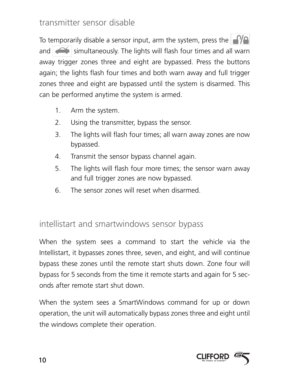 Transmitter sensor disable, Intellistart and smartwindows sensor bypass | CLIFFORD Arrow 5.1 User Manual | Page 13 / 38