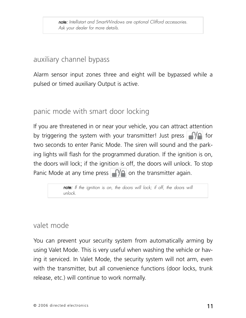 Auxiliary channel bypass, Panic mode with smart door locking, Valet mode | CLIFFORD Arrow 5.1 User Manual | Page 14 / 38
