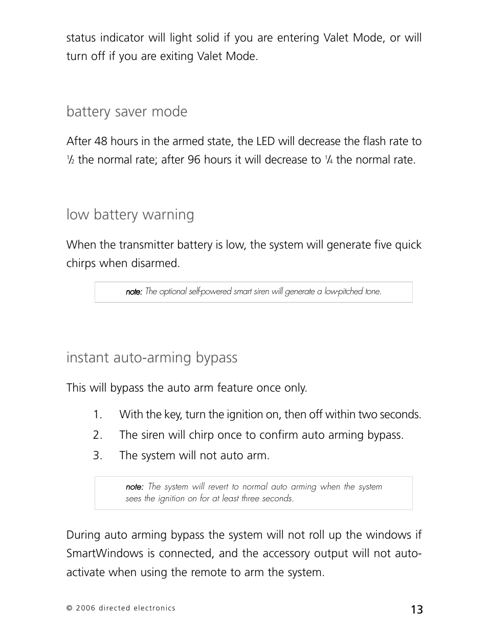 Battery saver mode, Low battery warning, Instant auto-arming bypass | CLIFFORD Arrow 5.1 User Manual | Page 16 / 38
