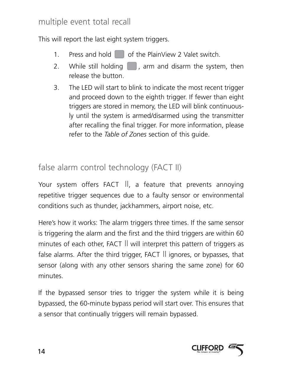 Multiple event total recall, False alarm control technology (fact ii) | CLIFFORD Arrow 5.1 User Manual | Page 17 / 38