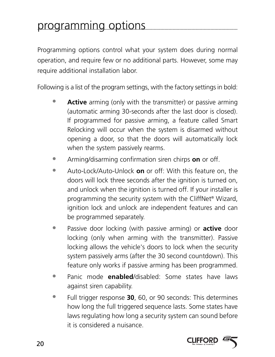 Programming options | CLIFFORD Arrow 5.1 User Manual | Page 23 / 38