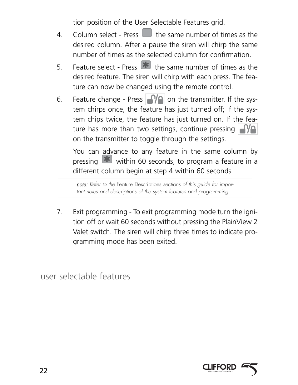 User selectable features | CLIFFORD Arrow 5.1 User Manual | Page 25 / 38