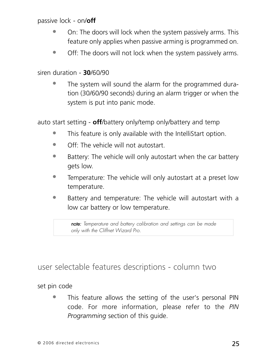 User selectable features descriptions - column two | CLIFFORD Arrow 5.1 User Manual | Page 28 / 38