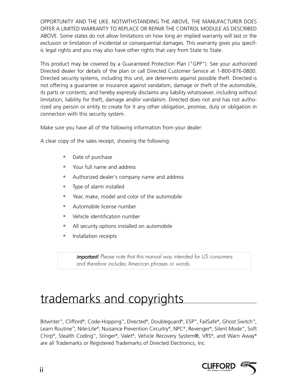 Trademarks and copyrights | CLIFFORD Arrow 5.1 User Manual | Page 3 / 38