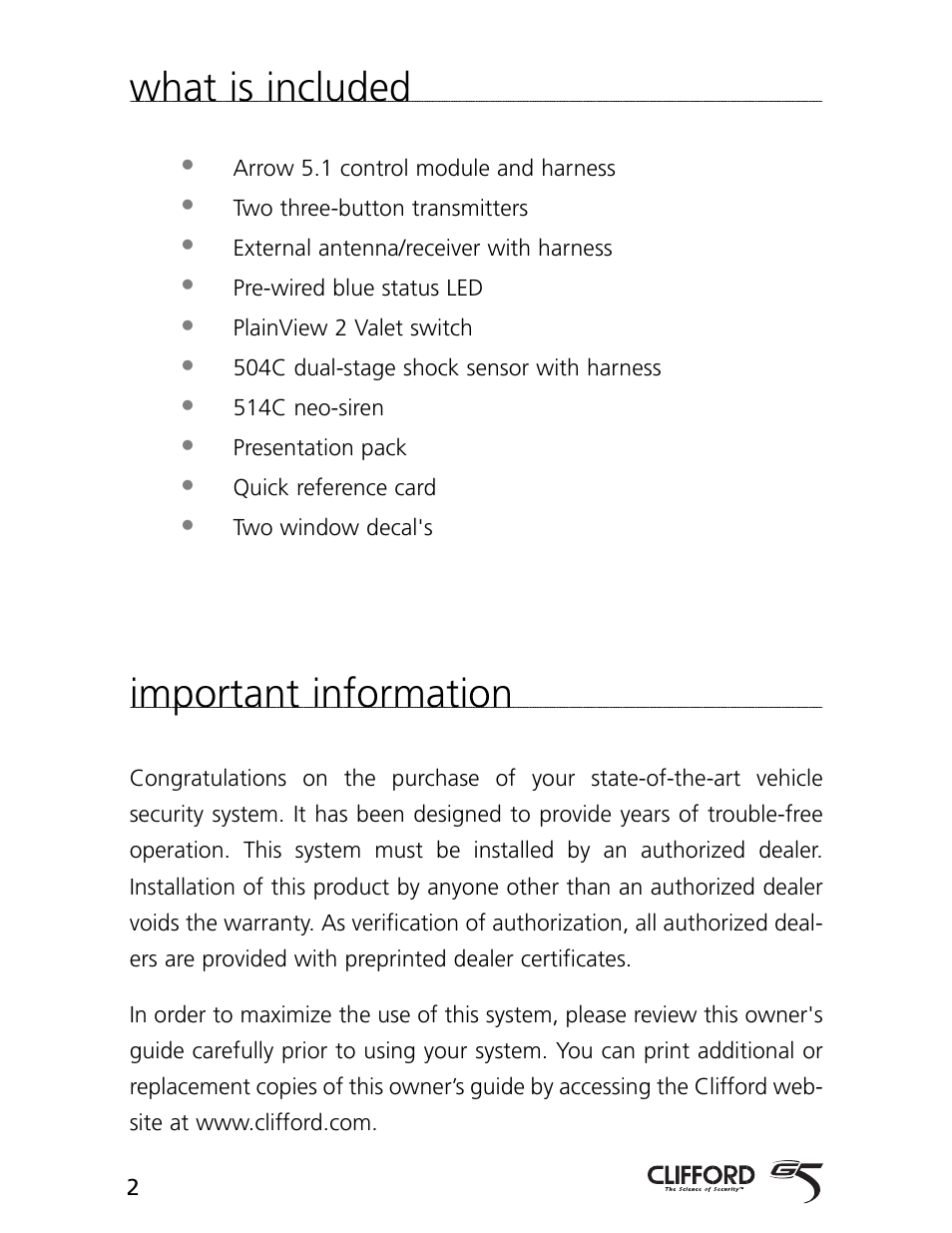 What is included, Important information | CLIFFORD Arrow 5.1 User Manual | Page 5 / 38