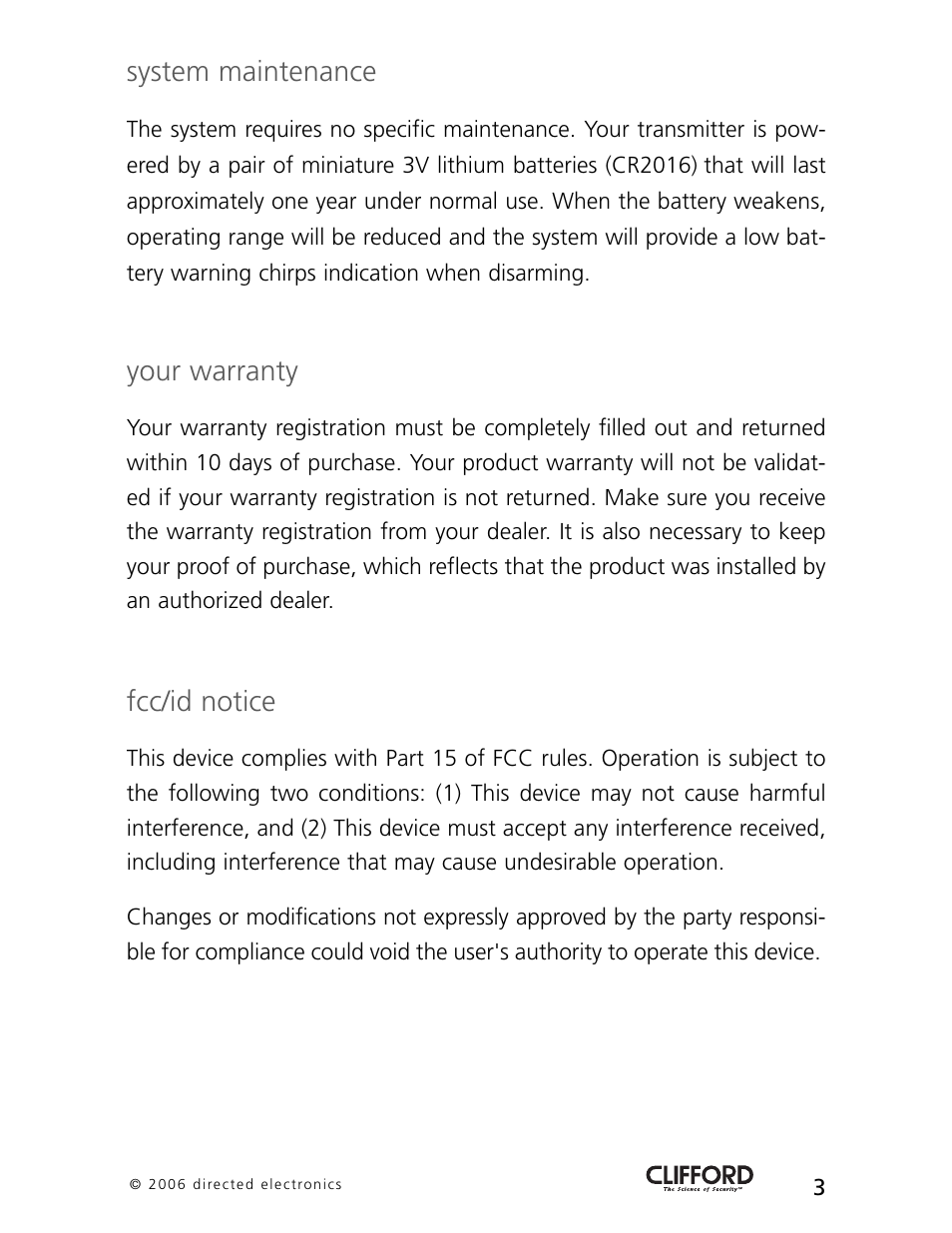 System maintenance, Your warranty, Fcc/id notice | CLIFFORD Arrow 5.1 User Manual | Page 6 / 38