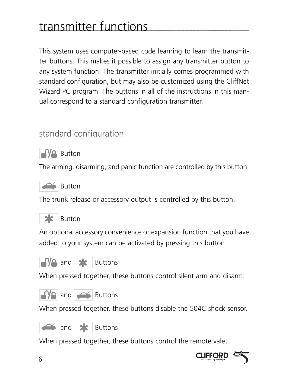 Transmitter functions, Standard configuration | CLIFFORD Arrow 5.1 User Manual | Page 9 / 38