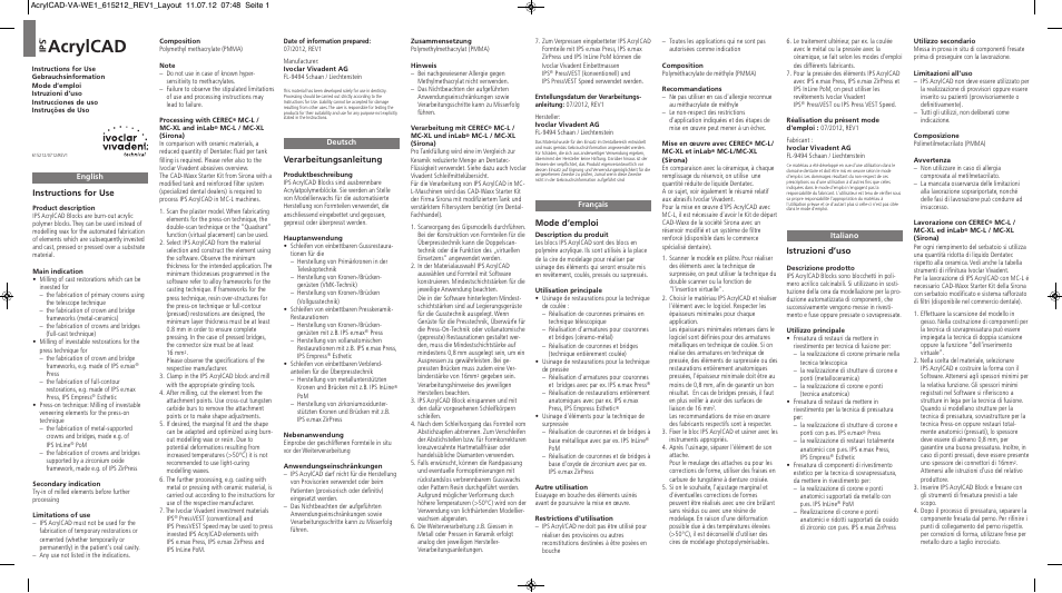 Ivoclar Vivadent IPS AcrylCAD User Manual | 2 pages