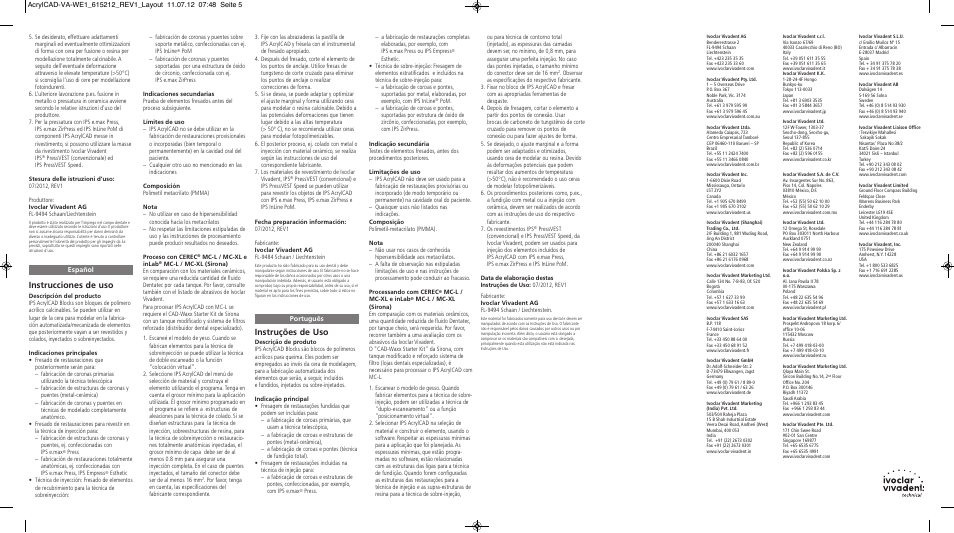 Español, Português, Instruções de uso | Instrucciones de uso | Ivoclar Vivadent IPS AcrylCAD User Manual | Page 2 / 2