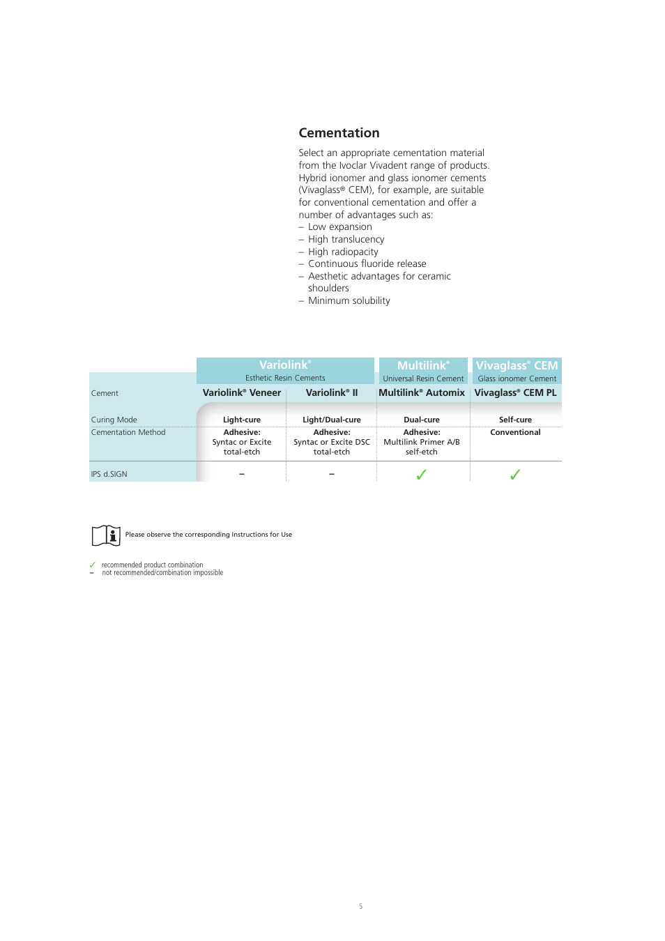 Cementation, Variolink, Multilink | Vivaglass | Ivoclar Vivadent IPS d.SIGN User Manual | Page 5 / 68