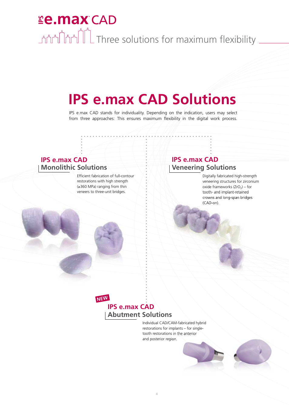 Ips e.max cad solutions, Three solutions for maximum flexibility, Ips e.max cad veneering solutions | Ips e.max cad monolithic solutions, Ips e.max cad abutment solutions | Ivoclar Vivadent IPS e.max CAD Abutment Solutions User Manual | Page 4 / 66