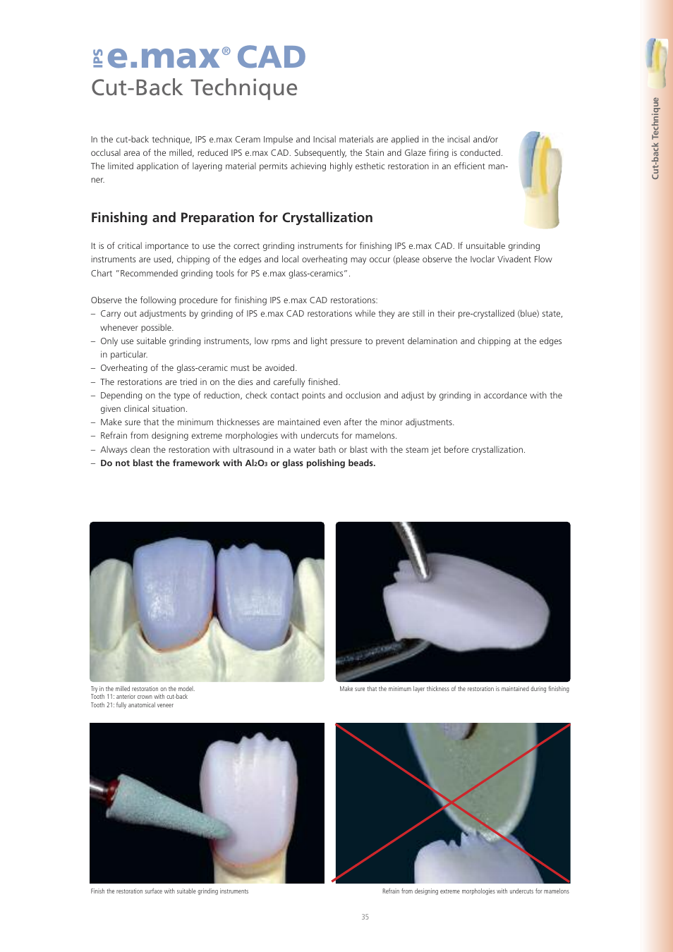 E.max, Cut-back technique, Finishing and preparation for crystallization | Ip s | Ivoclar Vivadent IPS e.max CAD Labside User Manual | Page 35 / 68