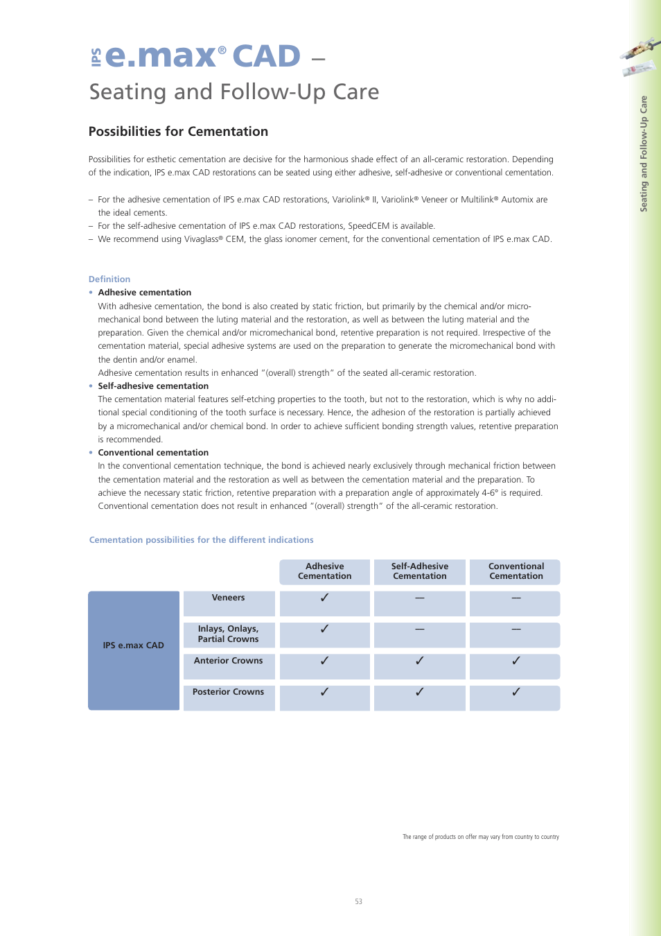 E.max, Seating and follow-up care, Possibilities for cementation | Ip s | Ivoclar Vivadent IPS e.max CAD Labside User Manual | Page 53 / 68