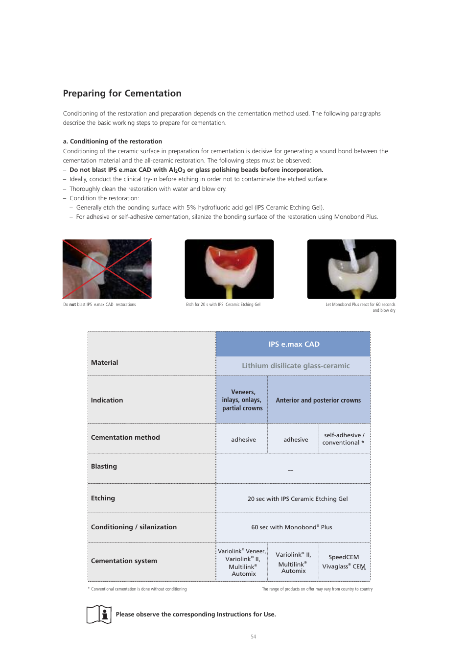 Preparing for cementation | Ivoclar Vivadent IPS e.max CAD Labside User Manual | Page 54 / 68